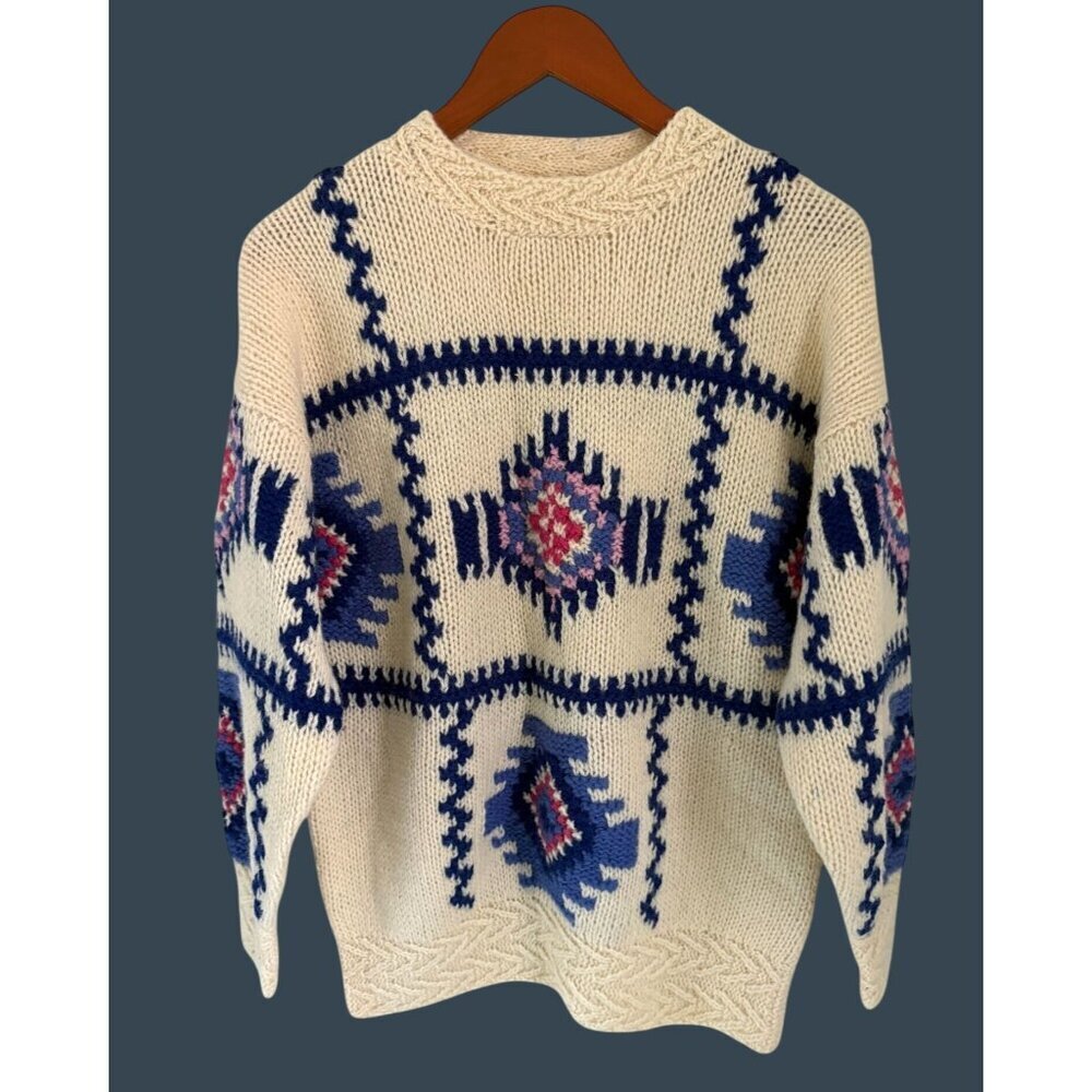 Hand-Knitted Shetland Wool Sweater By Susann D M Cream Blue Pink Aztec Tribal -